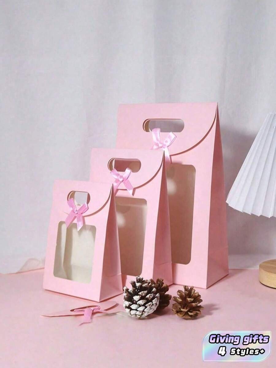 5PCS Pink Clear Self Standing Window Gift Bags With Handle Flip Top Bow Candy Party Favor Tote For Birthday Holiday Celebration Supplies - D multicolor - View 1