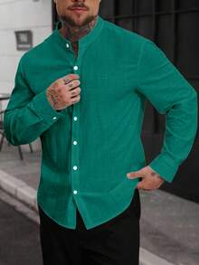 Manfinity CasualCool Kemeja Kasual Pria Lengan Panjang Kancing Tunggal Warna Polos - Hijau - View 4