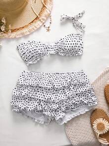 Swim Mod Women's New Polka Dot Print Spaghetti Strap Top And Ruched Floral Bottoms Sexy Swimwear Set - Multicolor - View 2
