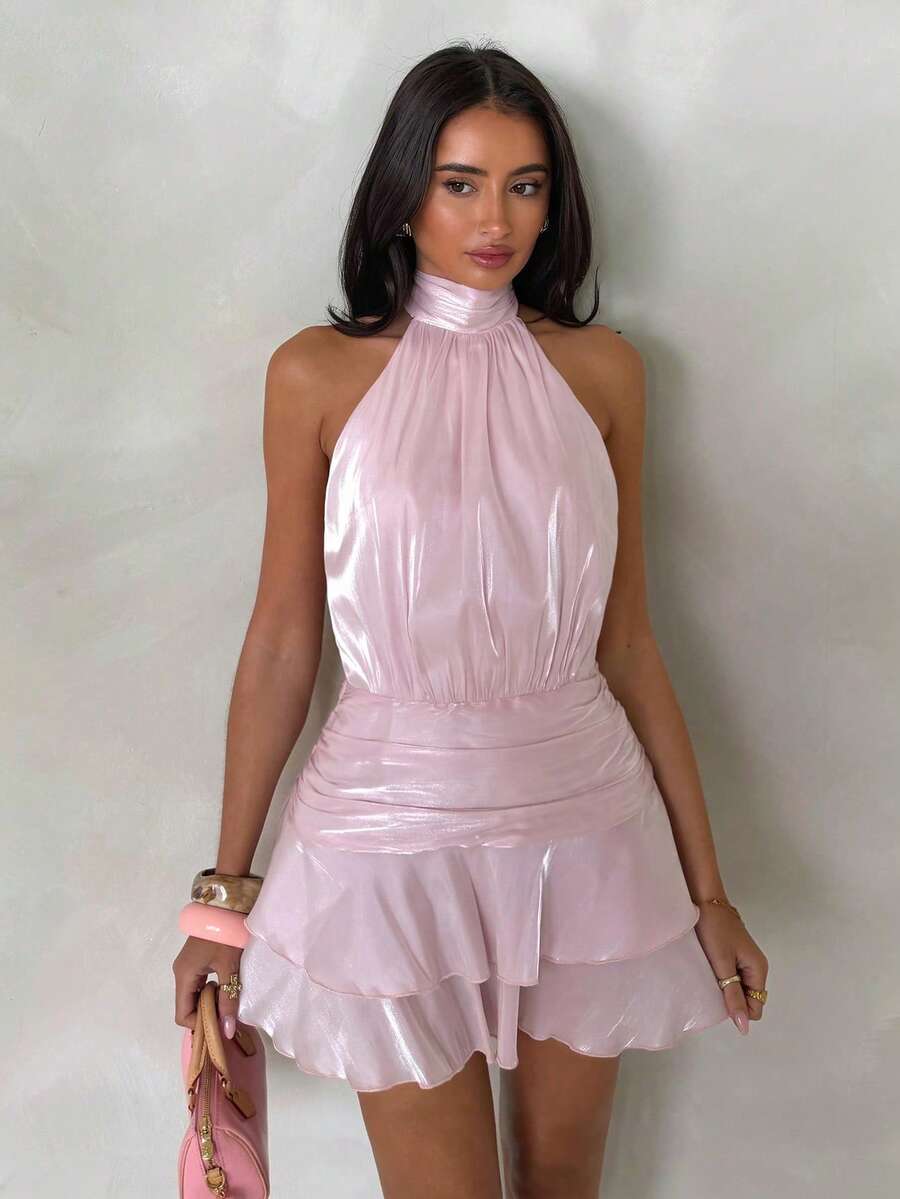 SHEIN PETITE Đầm ngắn mùa hè dành cho nữ, cổ tròn, kiểu yếm, hở lưng, xếp ly eo, viền bèo nhún đôi, chất liệu vải bóng. - Hồng - Xem 1