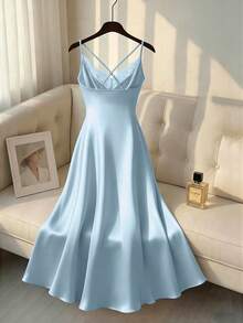 GlowEve CURVE Plus Size Elegant Contrast Lace Spaghetti Strap Dress, Summer - Baby Blue - View 2