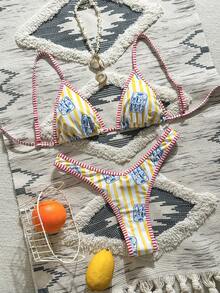 Swim Mod Bộ bikini tam giác gợi cảm dành cho nữ, họa tiết cá, kiểu dáng thường ngày, phong cách châu Âu và Mỹ, gồm 2 mảnh, thích hợp cho ngày Quốc khánh. - Màu vàng - Xem 3