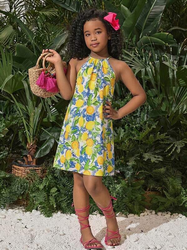 Tween Girl Casual Vacation Halter A-Line Lemon Print Dress