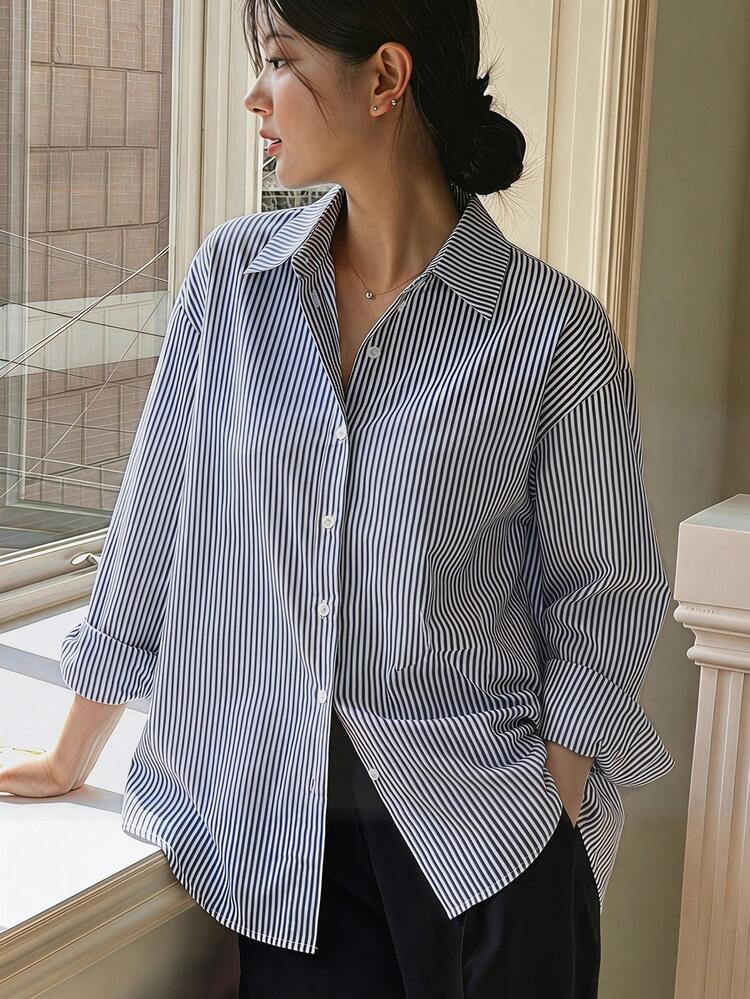 Women's Striped Single-Breasted Casual Versatile Daily Wear Shirt