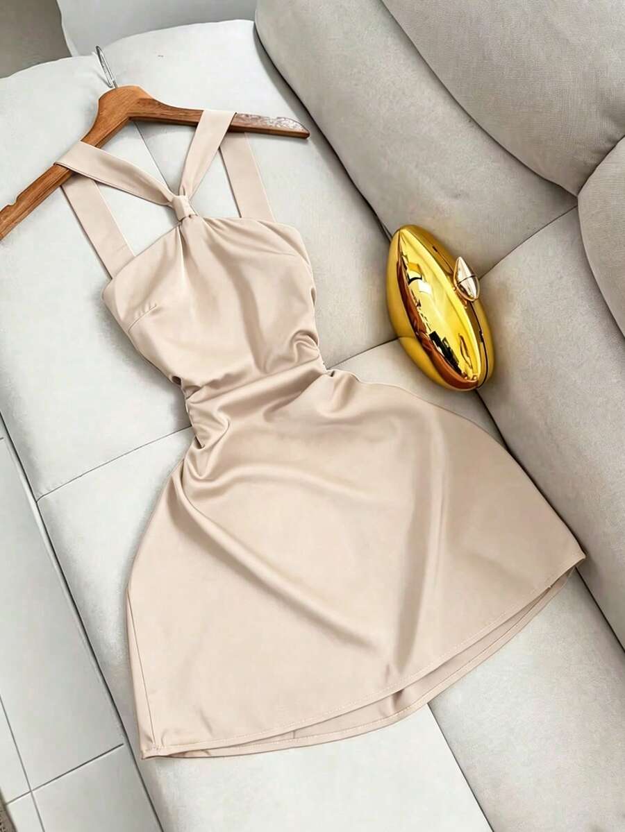 Franclia Vestido Elegante de Cor Sólida com Decote Halter para Mulheres - Damasco - Visão 1