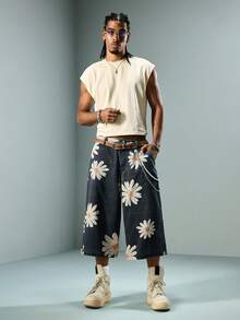 ROMWE MEN Street Life Quần short denim nam in họa tiết hoa cúc La Mã - Màu xanh lam - Xem 8