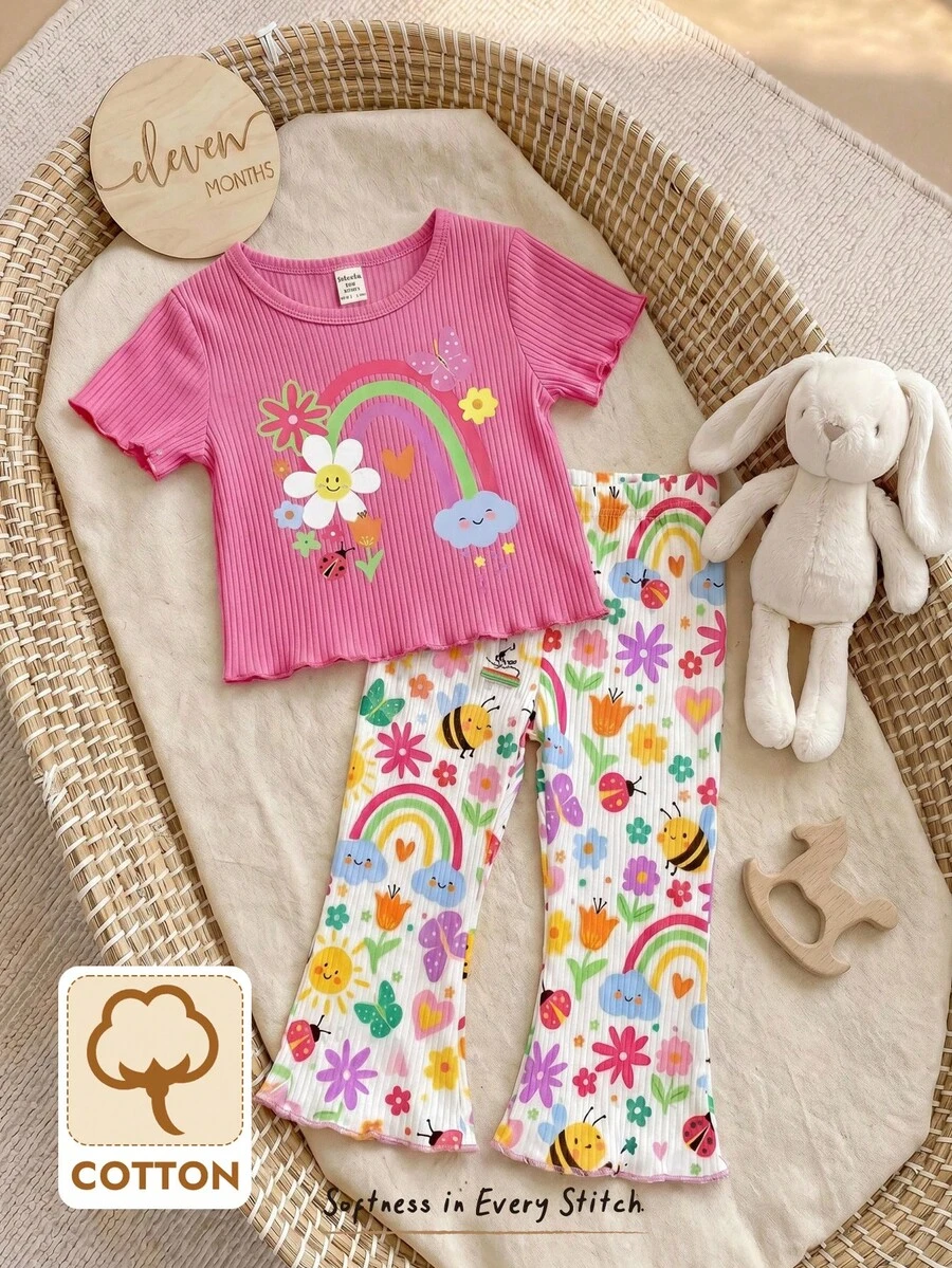 Baby Girl Cartoon Pattern Knit Soft Round Neck Short Sleeve T-Shirt And Elastic Waist Flared Pants 2-Piece Set - Pink - View 1