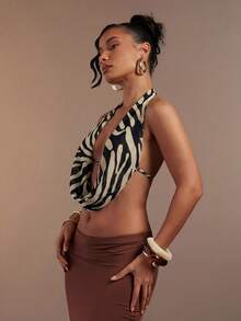 Hauture Women's Sexy Abstract Print Halter Cowl Neck Open Back Top - Multicolor - View 4