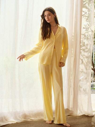WOMEN'S 100% COTTON SHIRT AND PANTS 2 PIECES PAJAMA SET, SPRING/SUMMER