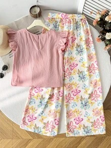 SHEIN Ensemble coordonné pour adolescentes avec chemise à manches courtes et pantalon imprimé floral rose tressé - Rose bonbon - Voir 2