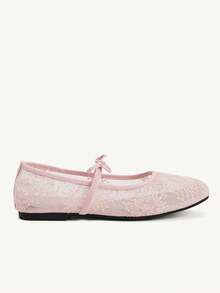 CUCCOO CHICEST Spring And Summer Mesh Lace Bow Design Square Toe Flat Heel Gentle Mesh Pink Mary Jane Shoes Daily Commute - Pink - View 3