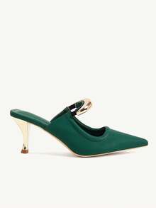 CUCCOO CHICEST Sepatu hak tinggi runcing wanita elegan dengan dekorasi bulan sabit emas, cocok untuk kerja, acara formal, pakaian kantor, sepatu selop, PU putih untuk liburan musim semi, Paskah, dan Natal. - Dark Green - View 3