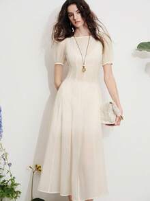 Aveloria Modichic Elegant Sexy Luxury Resort Chiffon-Like Material Petal Sleeve Pleated Waist Women Long Dress - Apricot - View 2