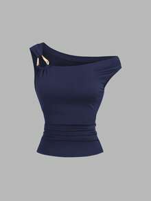 Sweetra 2pcs/Set Asymmetric Collar Fitted T-Shirt, Versatile Casual Top, Spring/Summer - Multicolor - View 4