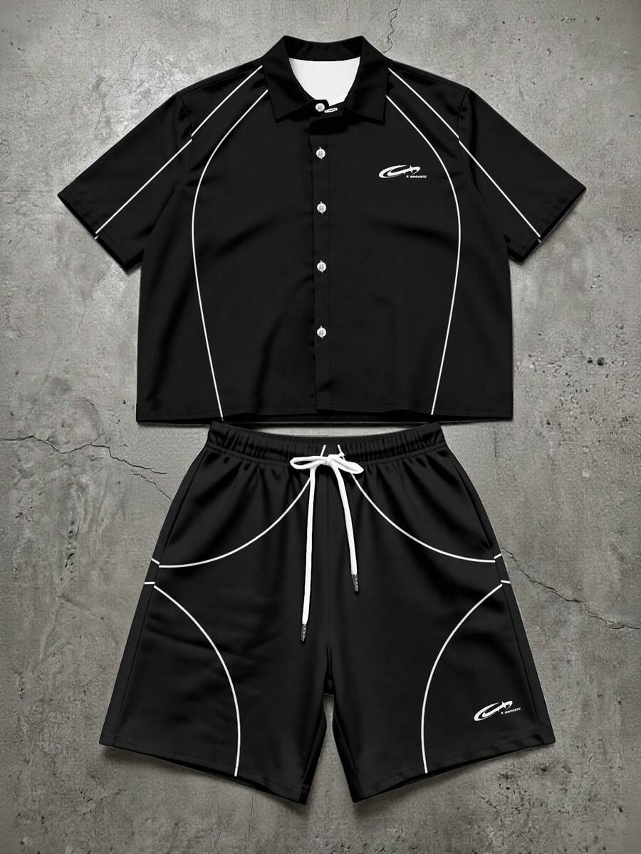 Manfinity EMRG Conjunto de camisas de manga corta con contraste de color para hombres, camisa corta con botones delanteros de moda para el verano - Multicolor - Ver 1