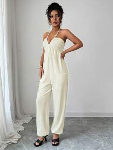 Selianne Women's Solid Color Halter Neck Pleated Casual Jumpsuit - Apricot - View 5