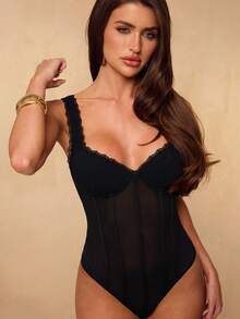 SHEIN BAE Áo hai dây lưới co giãn màu đen, áo corset nữ, áo ngực đen, áo tank top nữ, áo lót mùa xuân/hè, thích hợp cho tiệc tùng, cocktail, áo liền thân gợi cảm - màu đen - Xem 7