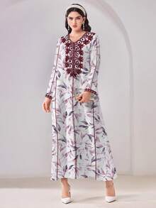 SHEIN Najma Váy kiểu Ả Rập họa tiết cây cỏ, phong cách tối giản, giản dị, kín đáo - Nhiều màu - Xem 3