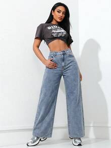 SHEIN ICON Casual Sexy Washed Slant Pocket Straight Leg Jeans Back-To-School Swimming Pastal Summer - Light Wash - View 5