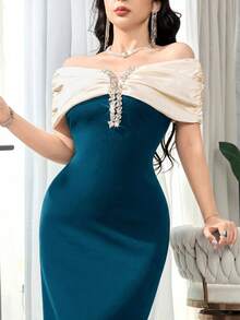 Feyla Women's Elegant Party Banquet Contrast Color Off-Shoulder Rhinestone Decor Fitted Dress, Summer - Teal Blue - View 6