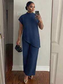 SHEIN Lady CURVE 加大码纯色立领短袖不对称下摆纹理面料上衣和裤子两件套 - 藏蓝色 - 查看 5