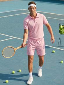 Courvante Men Summer Solid Color Casual Polo Shirt And Drawstring Waist Shorts Set, Mesh Sleeve Light Pink, With Front Button & Pocket, For Tennis Sport - Baby Pink - View 2