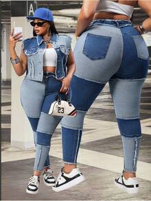 Slaydiva Jeans longs skinny bleu style cowgirl avec patchwork élastique pour femmes grandes tailles, été - Jean bleu - View 8