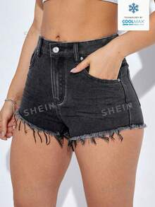 SHEIN EZwear Quần short denim nữ kiểu dáng thường ngày, có túi và gấu quần rách, đa năng cho trang phục hàng ngày. - Xám - Xem 4
