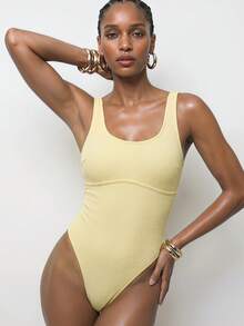 Maija Women's Solid Color Backless One-Piece Swimsuit For Beach Vacation - Light Yellow - View 6