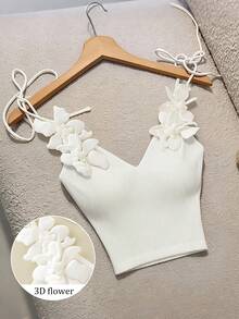SHEIN Áo hai dây nữ dáng suông, họa tiết hoa, cổ chữ V, thời trang và thanh lịch. - trắng - Xem 3