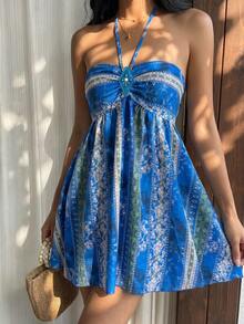 Sunnyshic Đầm ngắn nữ thời trang thường ngày, phong cách bohemian retro, họa tiết paisley đính sequin hình thoi, vạt áo bất đối xứng, cổ yếm và nơ, thích hợp cho kỳ nghỉ hè. - Màu xanh lam - Xem 5