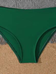 SHEIN Teen Girl Green Leaf Print Solid Color Shorts, Suitable For Summer Beach Vacation, Swimwear Set - Dark Green - View 5
