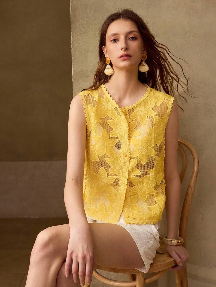 EMBROIDERY FLORAL MESH SHEER SLEEVELESS SINGLE BREASTED PLACKET TOP