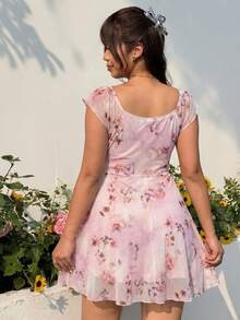 GalTyme Đầm thường ngày đa năng mùa Xuân/Hè mới, phù hợp cho đi chơi, mặc hàng ngày, dự tiệc, lễ hội âm nhạc, đi học, tốt nghiệp, kỳ nghỉ, dạo phố, mặc ở nhà, mua sắm, đi dạo thành phố, tay áo ngắn xòe bồng bềnh, xếp ly ngực, kiểu dáng thanh lịch, họa tiết hoa văn, vải lưới co giãn, cỡ lớn. - Nhiều màu - Xem 2