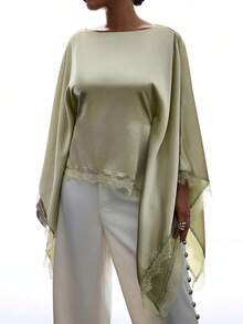 SHEIN EZwear 大尺碼女款純色蝙蝠袖蕾絲下擺優雅上衣，適合新媽媽 - 綠色 - 查看 5