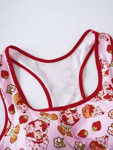 Strawberry Shortcake X SHEIN Strawberry Girl Cartoon Print Sports Bra And Shorts 2 Pieces Set, Casual Homewear & Yoga Outfit - Pink - View 3
