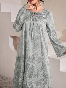 SHEIN Najma Đầm dài tay xòe màu đỏ tía sang trọng, cổ tàu, đính cườm, chất liệu jacquard, thích hợp cho mùa xuân/hè. - Màu xanh lam - Xem 4