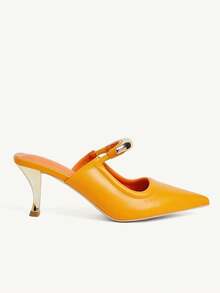 CUCCOO CHICEST Women's Elegant Gold Crescent Moon Decor Pointed Toe Stiletto Heel Pumps, Suitable For Work, Formal Occasions, Office Outfit, Mule Shoes, White PU Spring Break Easter For Christmas - Ginger - View 3
