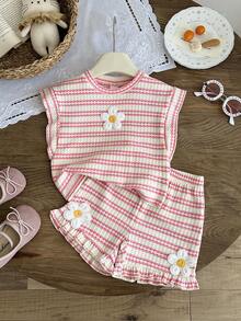 SHEIN 2件組女嬰幼童0-3歲粉白條紋荷葉袖T恤短褲套裝，可愛夏季度假針織紋理外出穿搭 - 粉色 - 查看 1