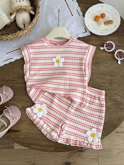 SHEIN 2pcs/Set Baby Girl Infant Toddler 0-3Y Spring Summer Casual Daily Vacation Textured Knit Colorful Striped Ruffle Sleeve Round Neck T-Shirt And Shorts Set, Suitable For Outing And Holiday
