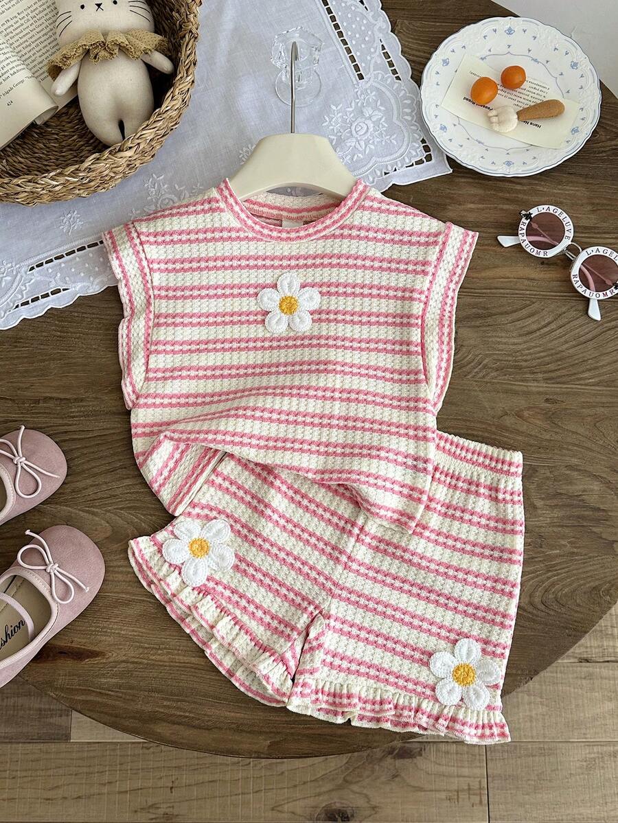 SHEIN 2件組女嬰幼童0-3歲粉白條紋荷葉袖T恤短褲套裝,可愛夏季度假針織紋理外出穿搭 - 粉色 - 查看 1