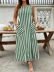 Women's Casual Striped Bamboo Knot Sleeveless Split Pocket Maxi Dress, Spring/Summer - Green - View 4