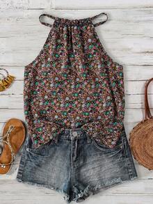 SHEIN LUNE Plus Size Summer Ditsy Floral Casual Versatile Halter Neck Camisole - Multicolor - View 1