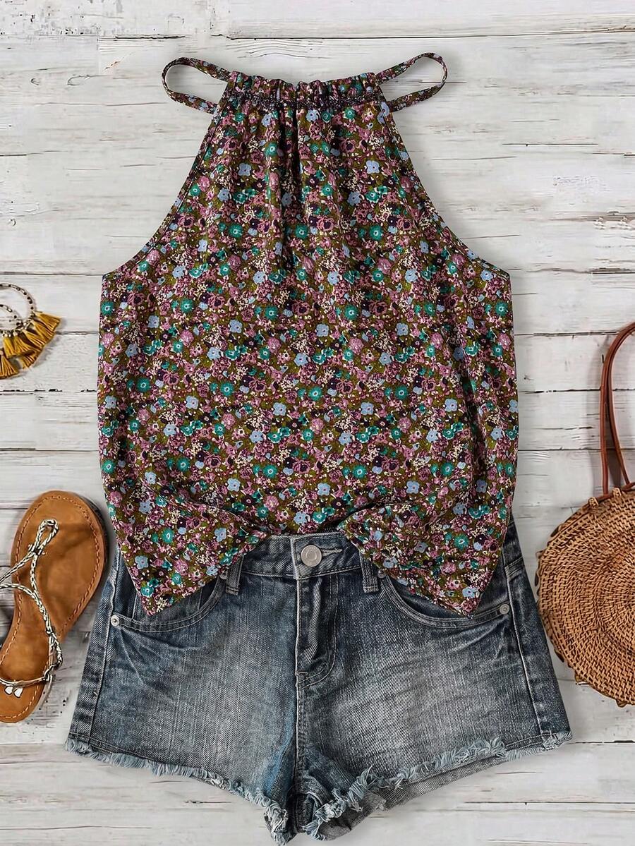 SHEIN LUNE Plus Size Summer Ditsy Floral Casual Versatile Halter Neck Camisole - Multicolor - View 1