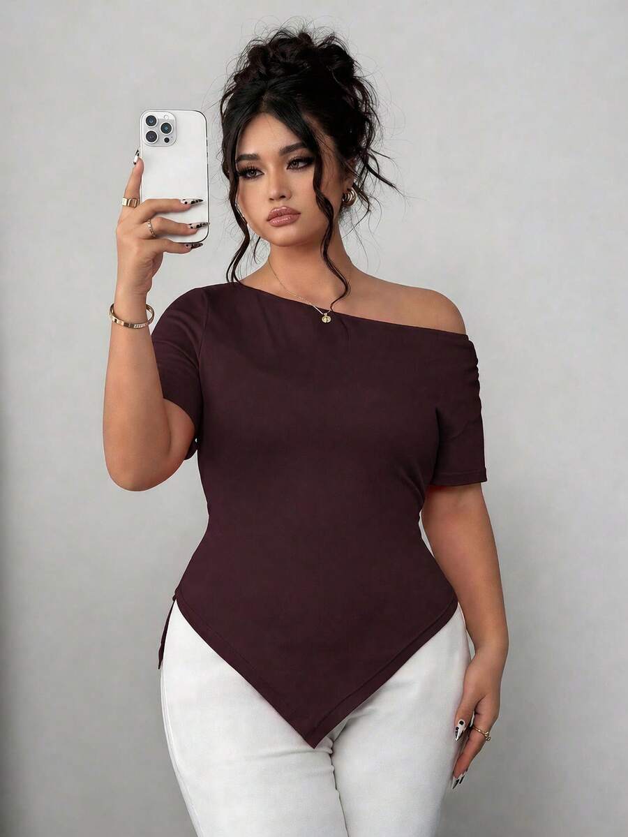 Elenzga Plus Size Women's Summer Asymmetric Shoulder Ruffle Asymmetrical Hem Elegant Chic Commuter Short Sleeve T-Shirt - Brown - View 1
