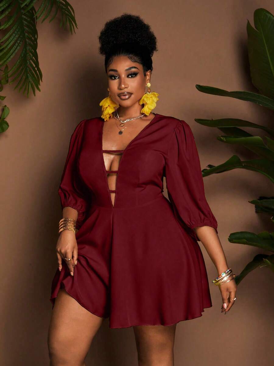 Maweii Plus Size Casual Solid Color V-Neck Lantern Sleeve Jumpsuit - Burgundy - View 1
