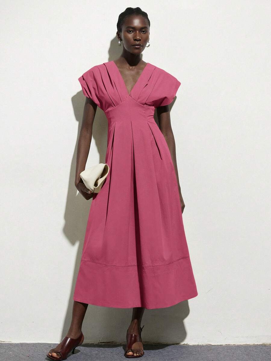 Aveloria Modichic Oversized Padded Shoulder Cap Sleeve Cinched Waist Pleated Dress, Beige Tone Long Dress For Women - Pink - View 1