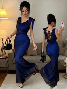 SHEIN Raffinéa Vestido ajustado con espalda descubierta, sin mangas, con cuello de volantes de malla de color contrastante, lazo en la cintura y cola de pez para mujeres - Azul - Ver 3