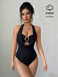 Elenzga Combinaison élégante et sexy pour femmes avec décolleté plongeant noir, décoration avec boucle métallique 2 en 1, design ajusté pour le printemps/été - Noir - Voir 5