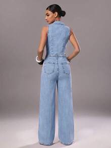 SHEIN TRNDY Bộ jumpsuit denim cổ chữ V dáng thường ngày dành cho nữ - Rửa nhẹ - Xem 11